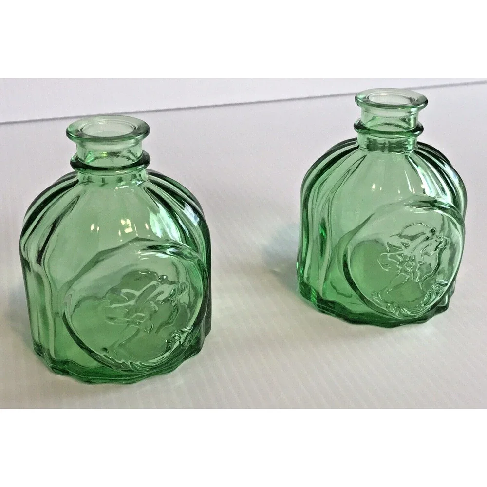 Green Colored Glass Round Vintage Style Apothecary Jars/Vases 3.25in Pair